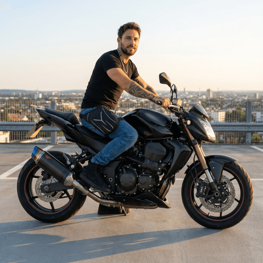 Man sitting on a black motorcycle with a cityscape in the background wearing the havoc leg bag