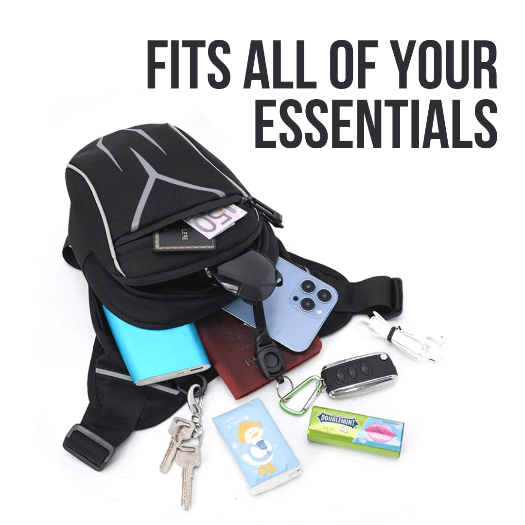 the havoc leg bag with various items on a white background, text 'FITS ALL OF YOUR ESSENTIALS'.